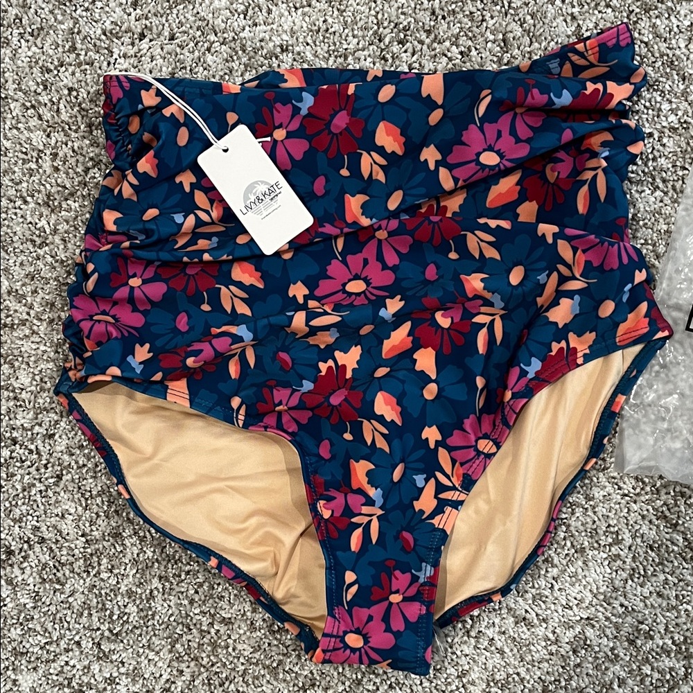 Lands' End Women's Floral High-Waisted Bikini Bottom - Blue and Pink